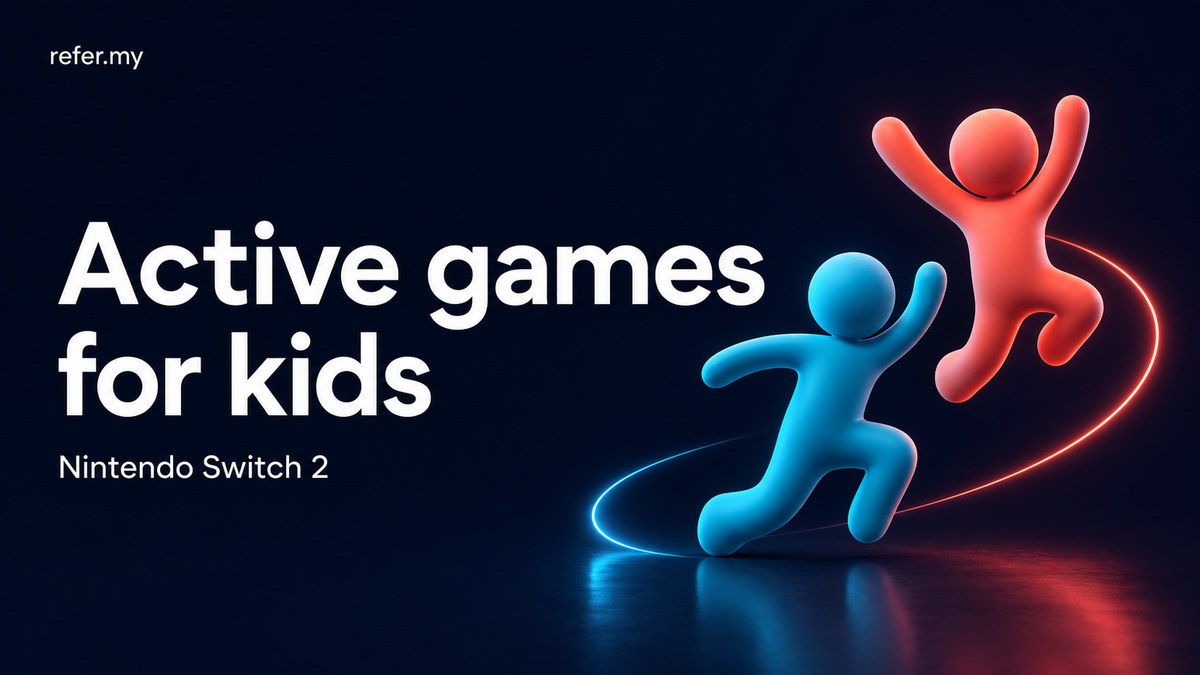 Active games for kids on Nintendo Switch 2: abstract cyan and coral figures dancing and jumping; editorial illustration, not a game screenshot.