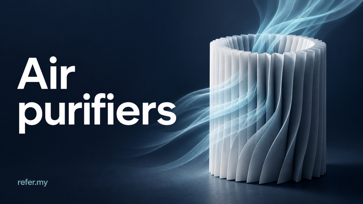 Air purifiers: editorial illustration of abstract white filter pleats and pale cyan air streams on navy; not a photograph or a depiction of a ranked appliance.