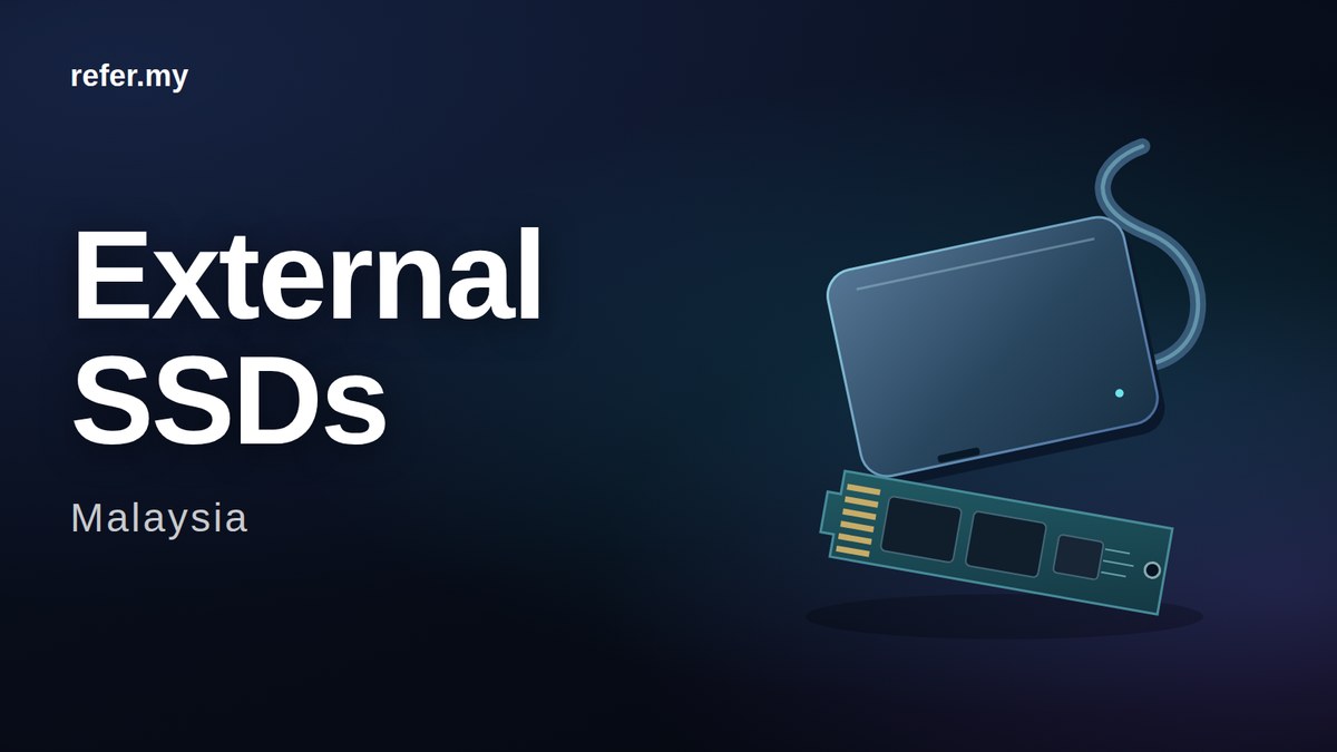 External SSDs in Malaysia: original editorial illustration of a generic portable drive, cable and separate NVMe board; not a product photograph.