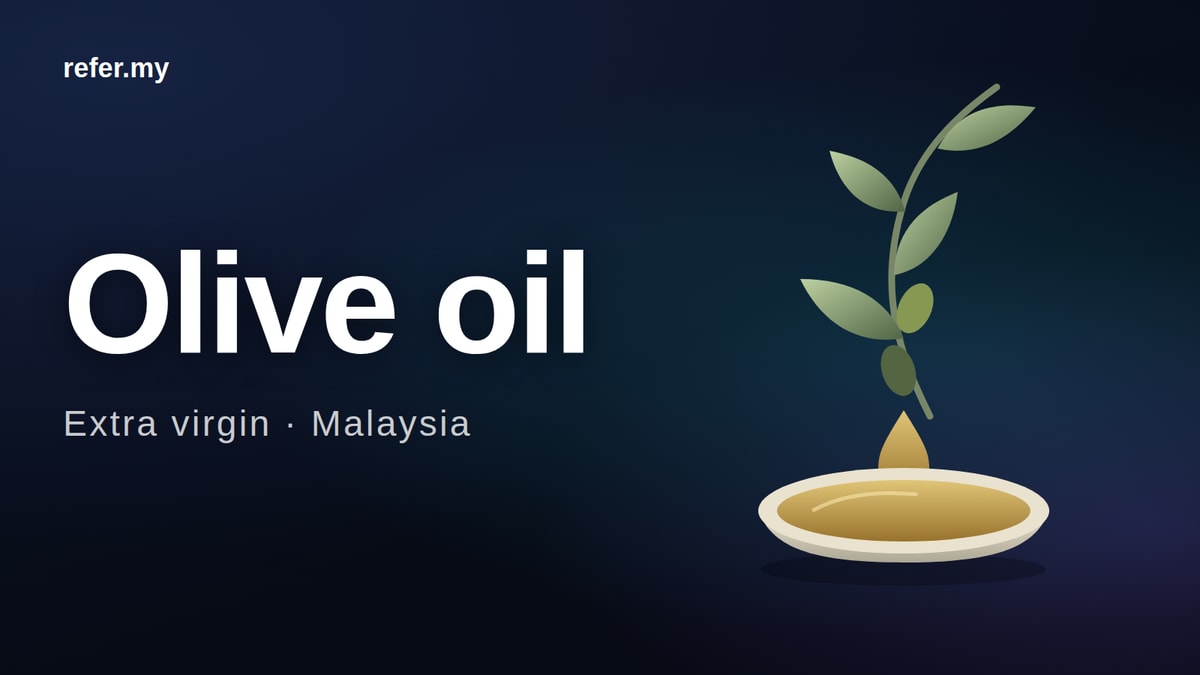 Extra virgin olive oil in Malaysia: original editorial illustration of an olive branch, oil drop and shallow bowl; not a product photograph.