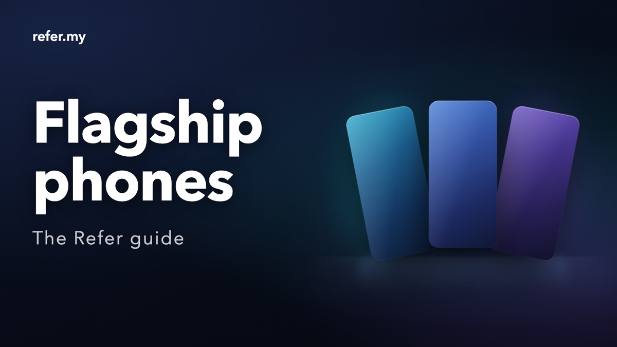 Flagship phones: an editorial illustration of three identical abstract slabs fanned symmetrically, lit cyan, blue and violet. Not a photograph and not a depiction of any real phone.