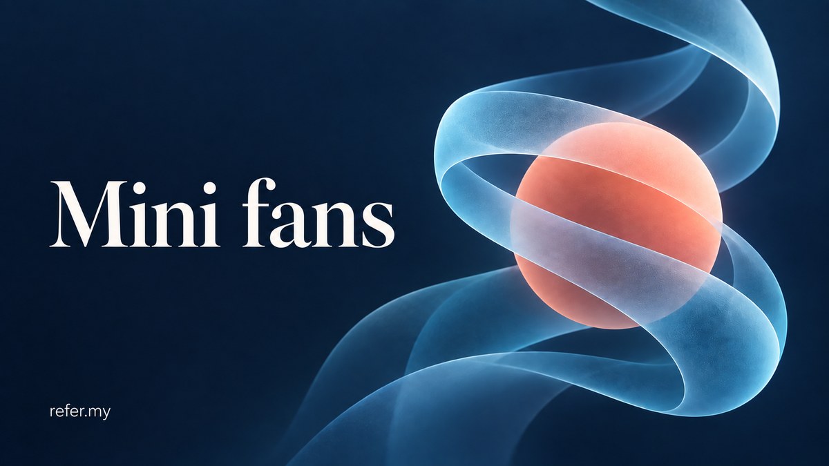 Mini fans: editorial illustration of cyan airflow ribbons around a coral sphere; not a product photograph.