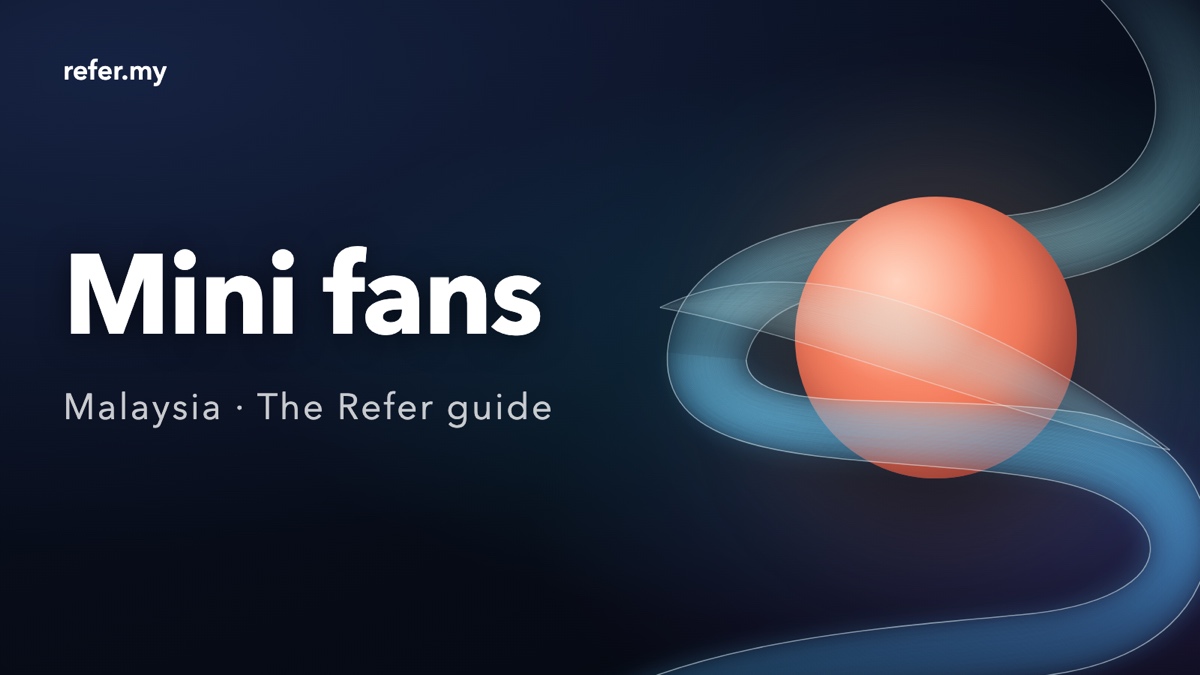 Mini fans in Malaysia: an editorial illustration of sheer cyan airflow ribbons passing behind and in front of a coral sphere, on a dark navy background. Not a photograph and not a depiction of any real fan.