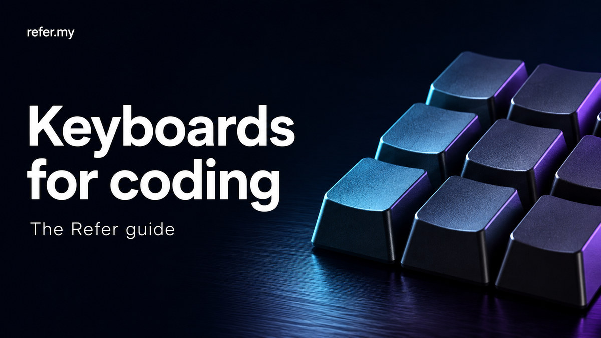 Keyboards for coding: editorial illustration of blank graphite keycaps lit in cyan and violet; not a photograph of a ranked keyboard.