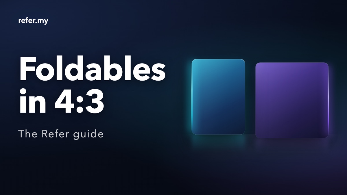 Foldables in 4:3: an editorial illustration of two abstract rounded panels side by side at the field's two measured inner-display proportions, roughly 1.42:1 lit in cyan and roughly 1.04:1 lit in violet, with the ground between them left empty. Not a photograph and not a depiction of any real phone.