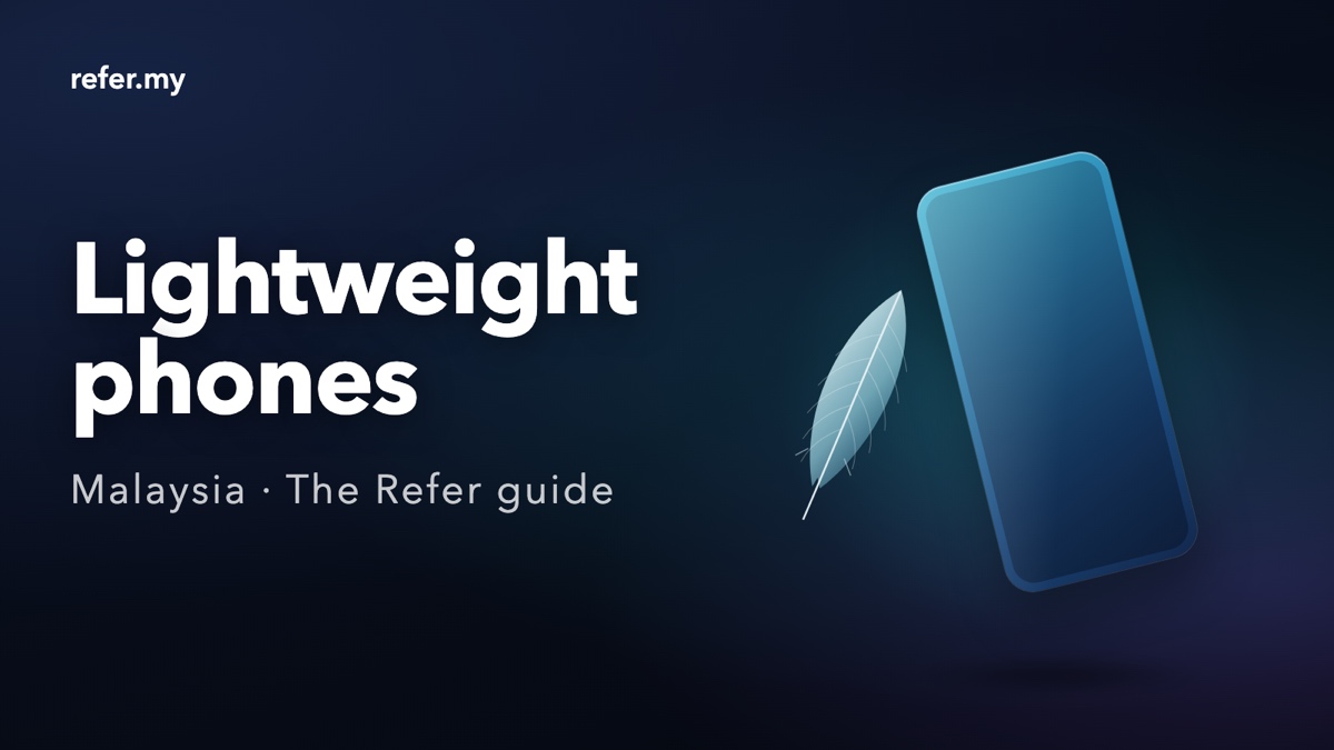 Lightweight phones in Malaysia — an editorial illustration of one generic, logo-free phone slab beside a feather, not an actual phone.