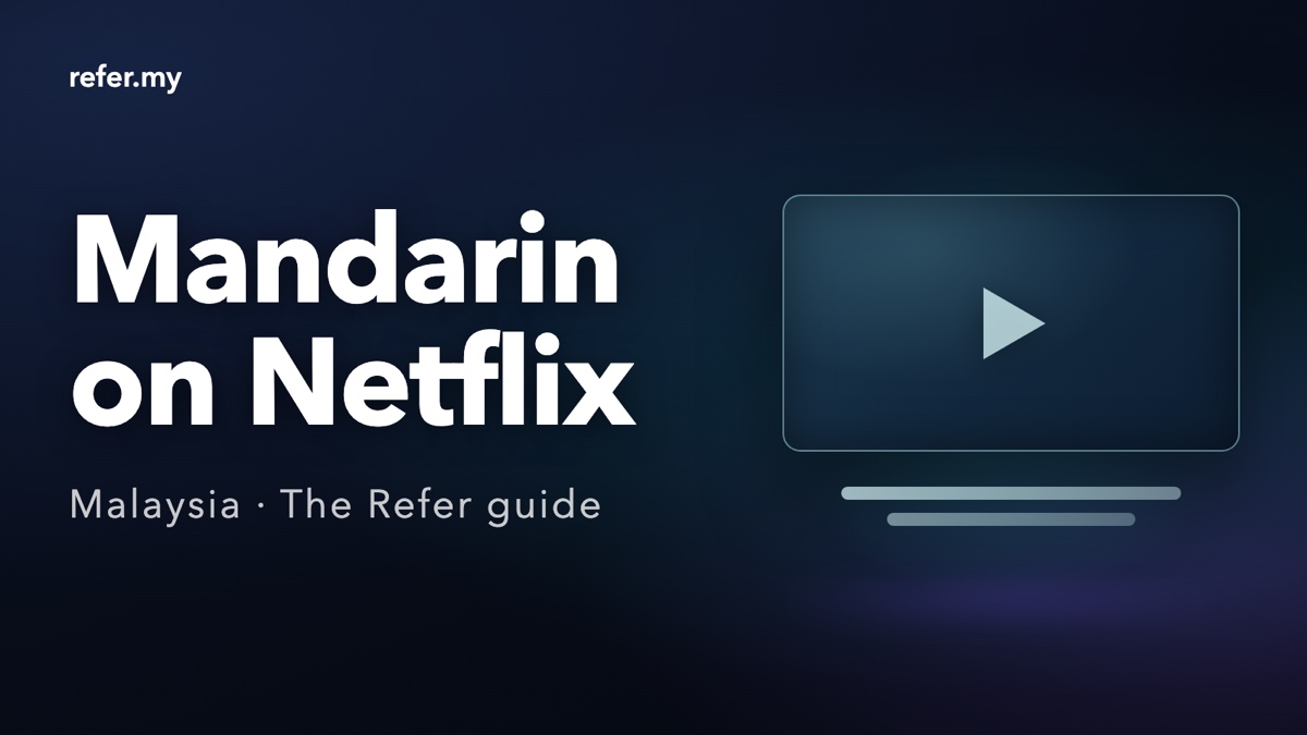 Mandarin on Netflix, Malaysia: an editorial illustration of a blank widescreen frame with a play symbol and two subtitle lines, drawn in teal on navy. Not a screenshot, poster or still from any title or service.