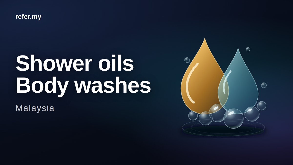 Editorial illustration of an amber drop, a blue drop and foam bubbles beside Shower oils, Body washes and Malaysia; no commercial product is depicted.