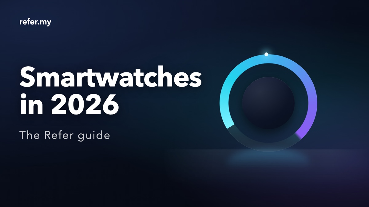 Smartwatches in 2026: an editorial illustration of a single open ring of cyan and violet light that does not close, around a dark disc. Not a photograph, not a watch face, and not a reading of any kind.