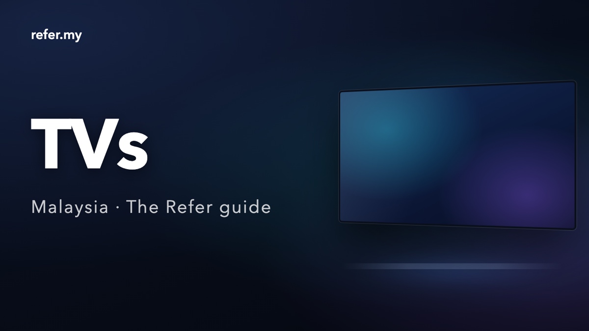 TVs in Malaysia: an editorial illustration of one abstract wall-mounted screen with a plain cyan-to-violet gradient face on a dark navy background. Not a photograph and not a depiction of any real television.