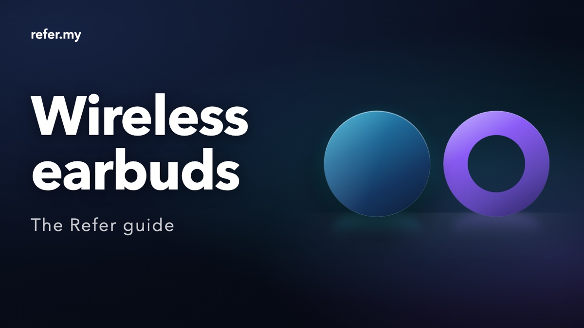 Wireless earbuds: an editorial illustration of two abstract circular forms, one a filled cyan disc and one an open violet ring with the background visible through it. Not a photograph and not a depiction of any real earbud.