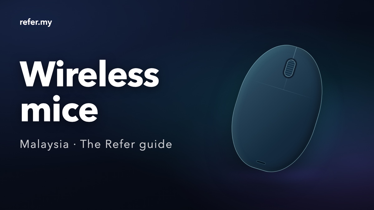 Wireless mice in Malaysia: an editorial illustration of one generic, logo-free computer mouse drawn in dark blue on a navy background. Not a photograph and not a depiction of any real mouse.