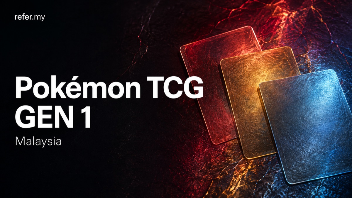 Pokémon TCG Gen 1, Malaysia — an editorial illustration of red, amber and blue foil cards, not actual Pokémon cards.