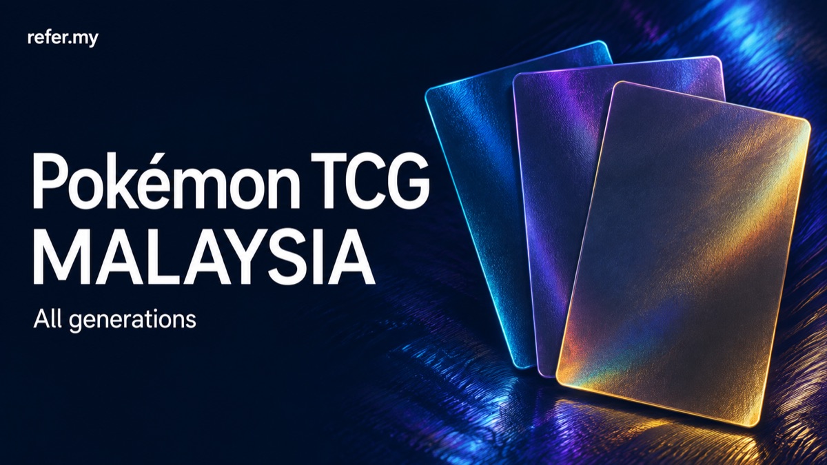 Pokémon TCG Malaysia, all generations — an editorial illustration of abstract foil cards, not actual Pokémon cards.