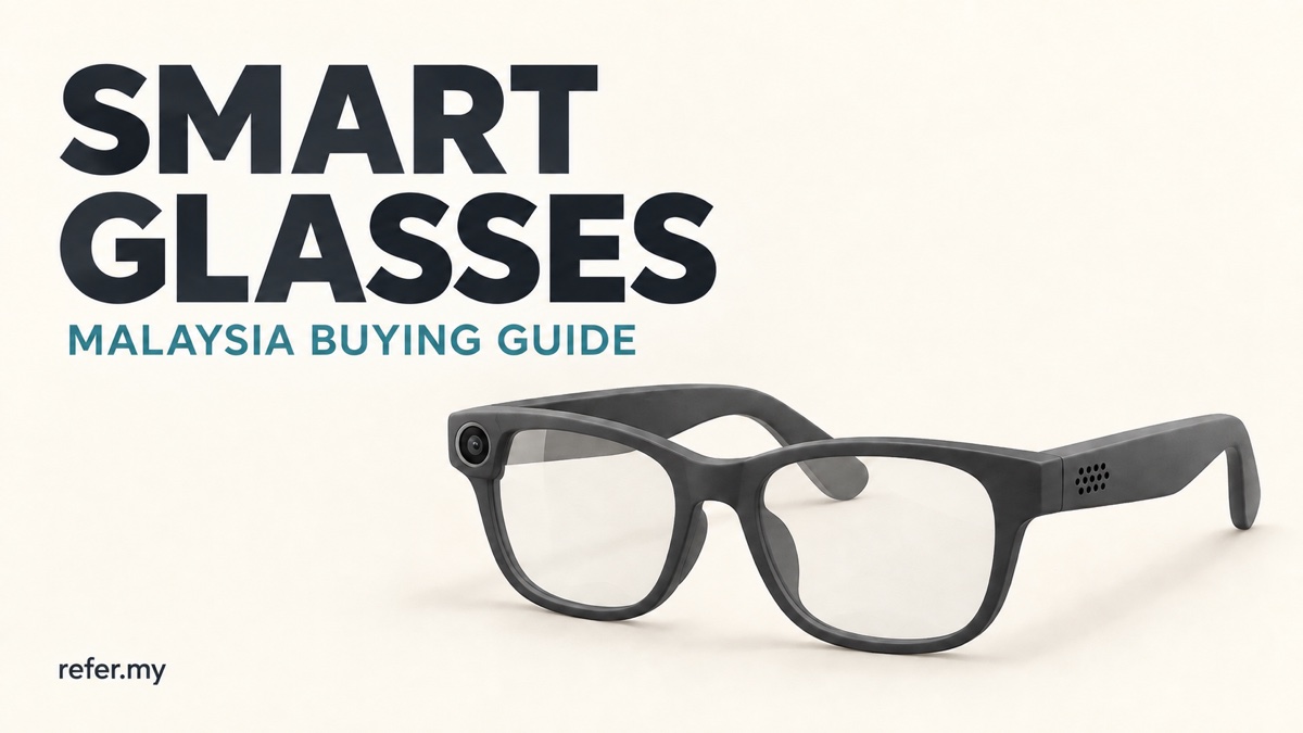 Editorial illustration of generic smart glasses for a Malaysian buying guide; not a photograph of a particular product.